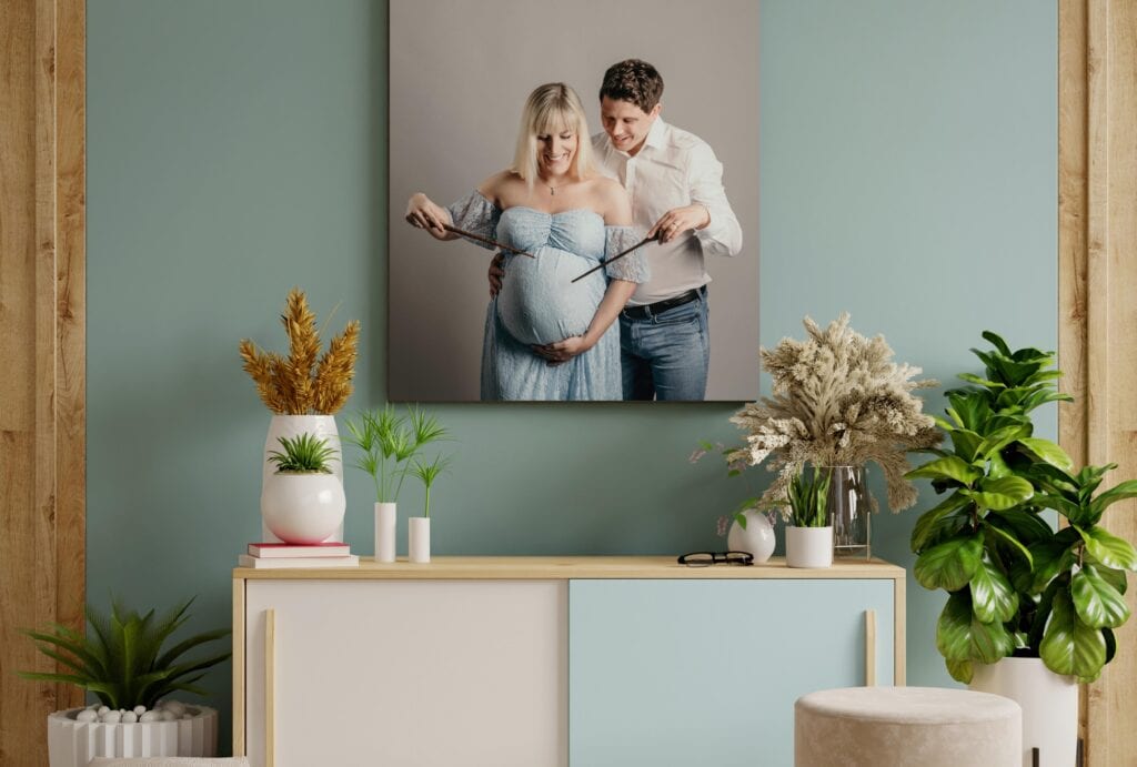 aesthetically modern living room mural canvas baby bump